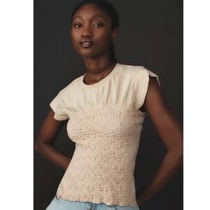 Maeve Anthropologie Smocked Popcorn Texture Top Beige Short Sleeve M 100% cotton